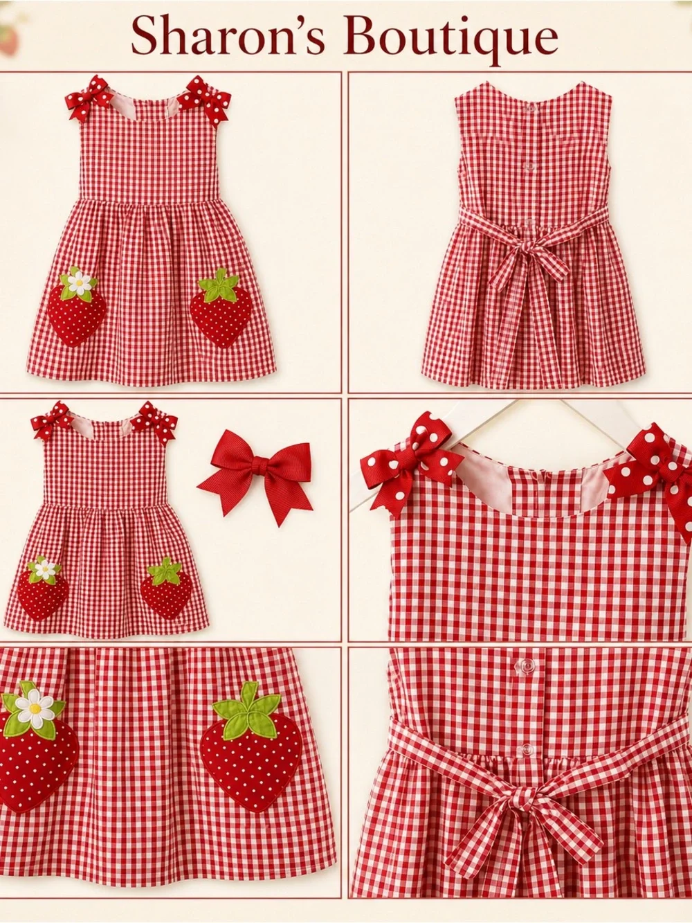 Rare Editions Girls 2T Red Gingham Strawberry Dress Hair Bow EUC